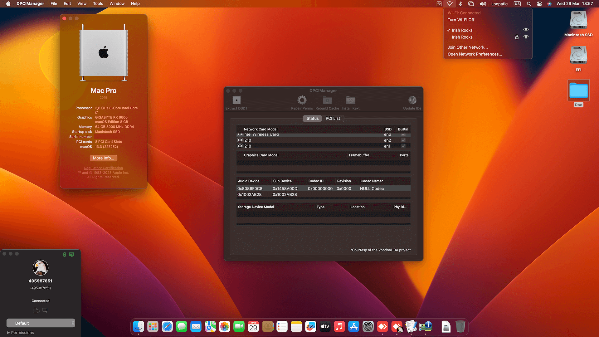Success Hackintosh macOS Ventura 13.3 Build 22E252 in Gigabyte Z590 Vision D + Intel Core i7 10700K + Gigabyte RX 6600
